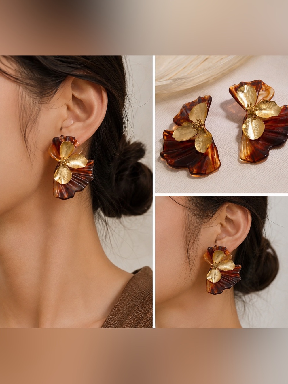 Golden Floral Statement Earrings – Tortoise Shell Resin Petals - Picture 4 of 4